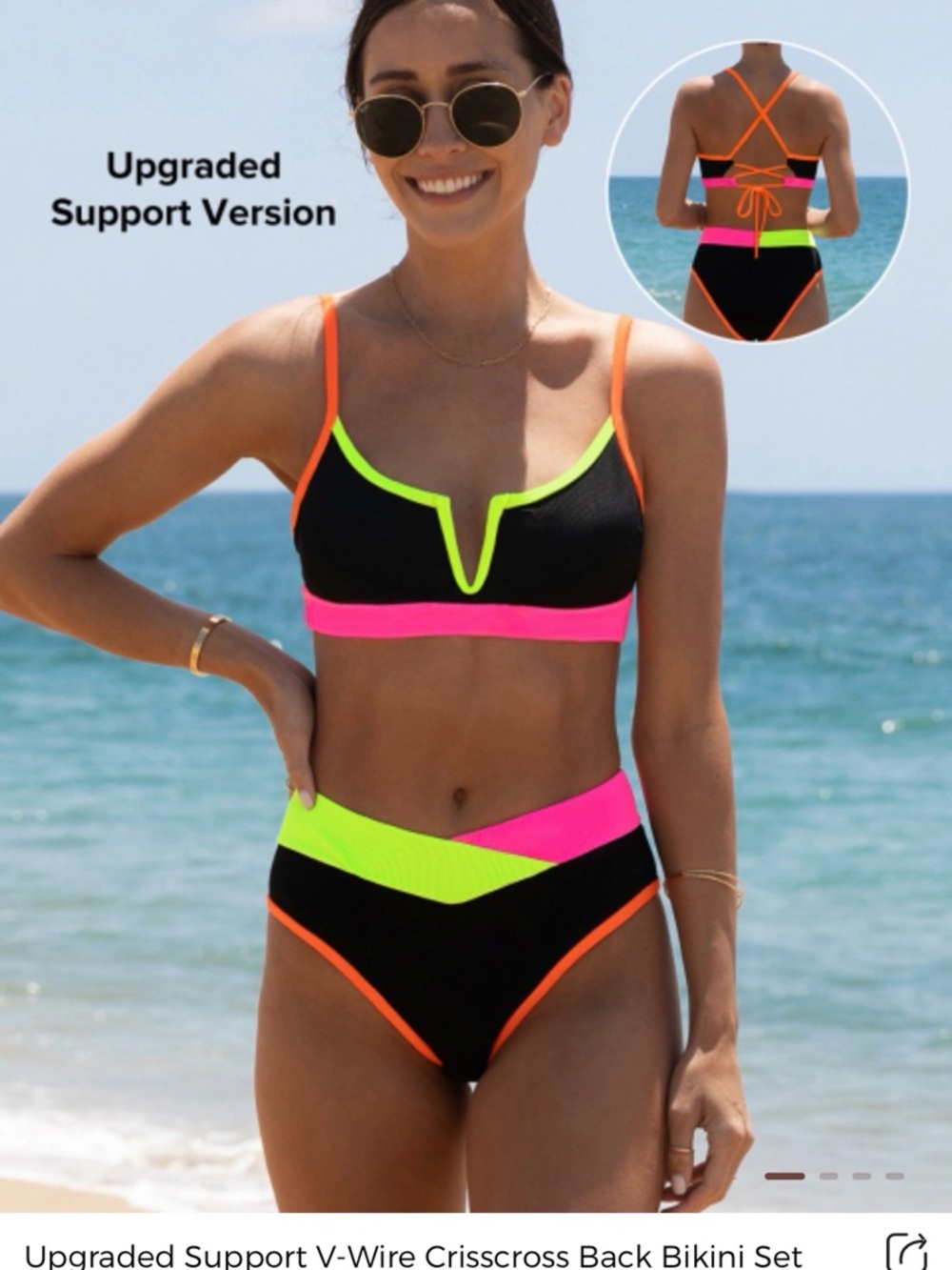 Crisscross V-Wire High-Waist Bikini Set - Neon Pink & Neon Green
